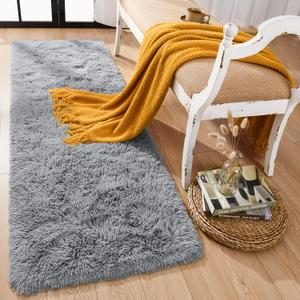 Runner Rug for Bedroom, 2x6 Soft Shag Fluffy Area Rugs for Girls Boy's Room, Plush Shaggy Carpet with Non-Slip Bottom for Living Room Dorm, Grey