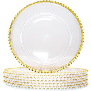 Plastic Acrylic Charger Plates 10PCS, 13" Decoration Diner, Wedding, Party, Event (Gold Bead 10)