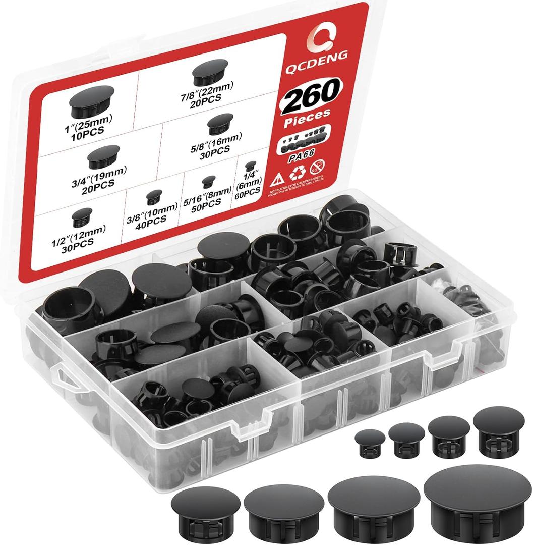 QCDENG 260PCS Black Plastic Plugs Hole, Round PA66 Plug Furniture Hole Decorative Cover 8 Size 1/4" 5/16" 3/8" 1/2" 5/8" 3/4" 7/8" 1"