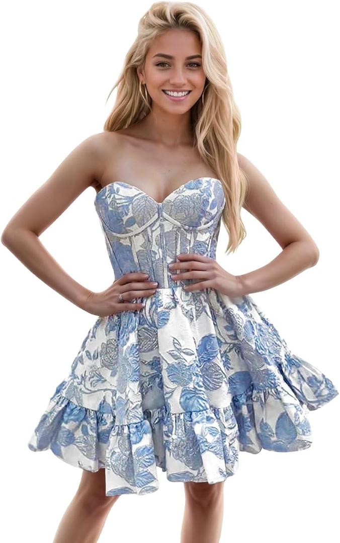 Mollyevers Short Floral Homecoming Dresses for Teens Strapless Corset Prom Cocktail Dress with Pockets (6, Blue)
