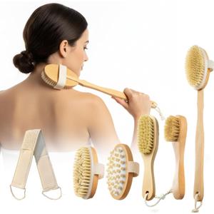 Premium Dry Brushing Set for Shower, Natural Body Brush Wood Long Handle with Dual-Purpose Brush, Bullet Head Massager, Sisal Bath Bar, Stone Brush, Boar Bristle Face Cleansing Brush