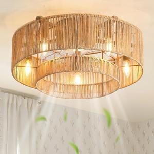 20'' Rattan Boho Ceiling Fan with Light, Enclosed Caged Ceiling Fans with Lights and Remote Control, Coastal Flush Mount with Reversible 6 Speeds for Living Room Bedroom Kitchen