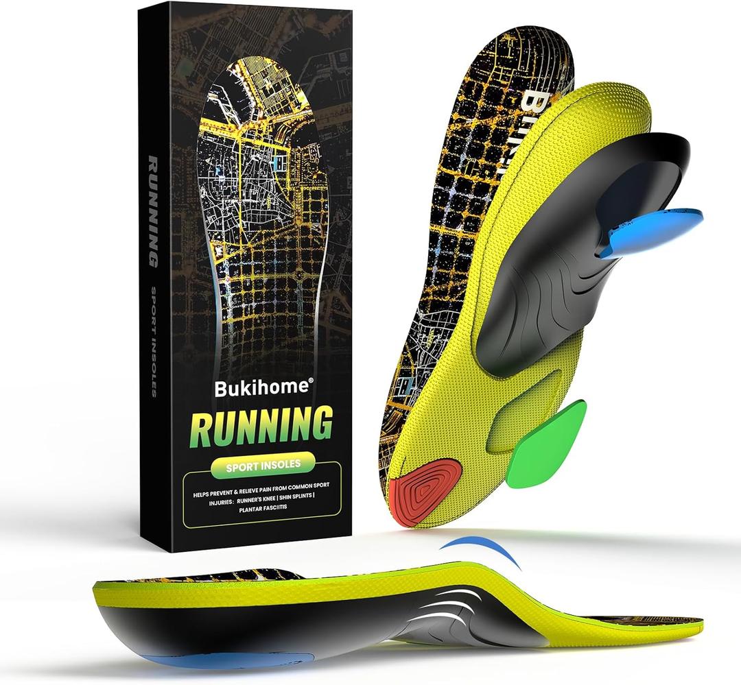 Bukihome Sport Insoles for Men Women - Arch Support Orthotics Inserts - Shock Absorption and Cushioning for Running Walking - Comfortable Insole for Standing All Day - FSA/HSA Eligible (Black, S)