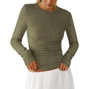 PRETTYGARDEN Womens Long Sleeve Shirts 2026 Ribbed Knit Slim Fitted Basic Tee Casual Going Out Tops Underscrubs Fall Clothing (Green, S)