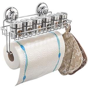 HASKO Accessories Suction Cup Paper Towel Holder With Shelf and Hooks - Wall Mount Metal Organizer for Bathroom & Kitchen - SUS 304 Stainless Steel Tissue Roll Hanger - Chrome