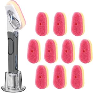 Soap Dispensing Replacement Dish Brush Storage Set with 10 PCS Sponge Refills & Holder - RIMAY Dispenser Scrub Cleaning Scrubber Kitchen Dishwashing Dish Wand Handle for Dishes/Pans/Pots/Sink(Pink)