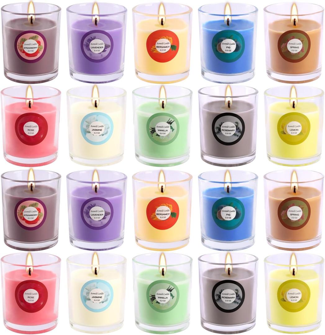 WREXCS Scented Candles with 10 Fragrances Gift Set for Home and Women，2.2oz Aromatherapy Soy Wax Glass Jar Candle，20 Pack