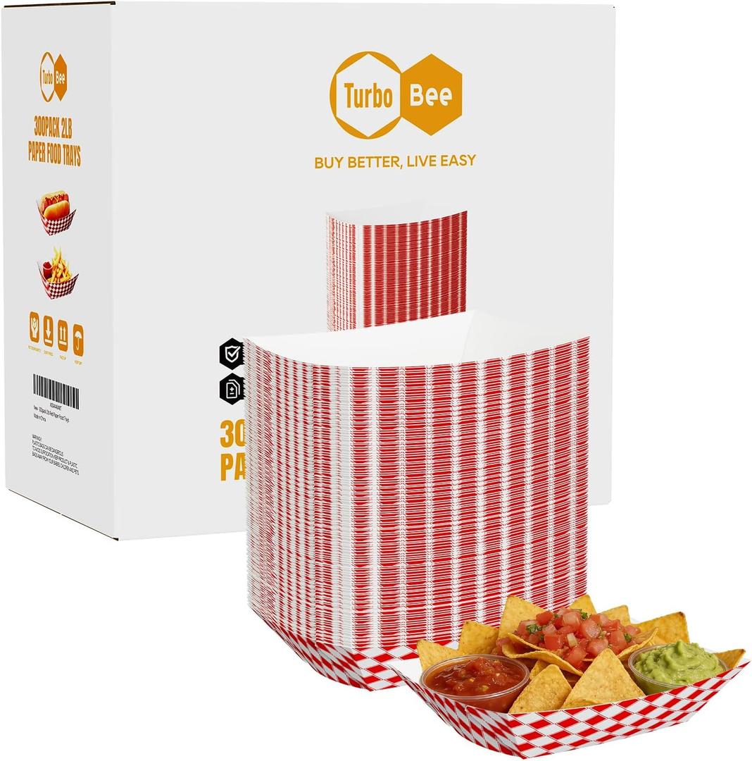 300 Pack 2lb Red White Checkered Paper Food Trays 2lb, 300 Pack Bulk - Heavy Duty Grease Resistant for Fries, Tacos, Popcorn, Hot Dogs - QSR, Family, Concession Trays