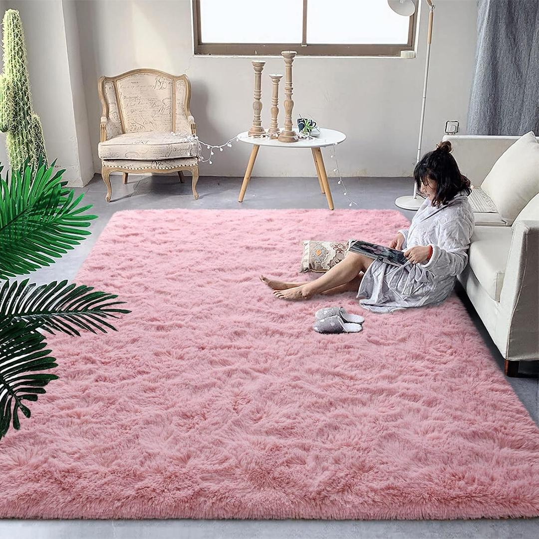 DweIke Fluffy Blush Pink Rugs for Bedroom Living Room, 4x6 Feet Soft Plush Shaggy Rose Coral Pinkish Girls Kids Rug, Non-Slip and Machine Washable Carpet for Dorm Nursery Classroom Decor