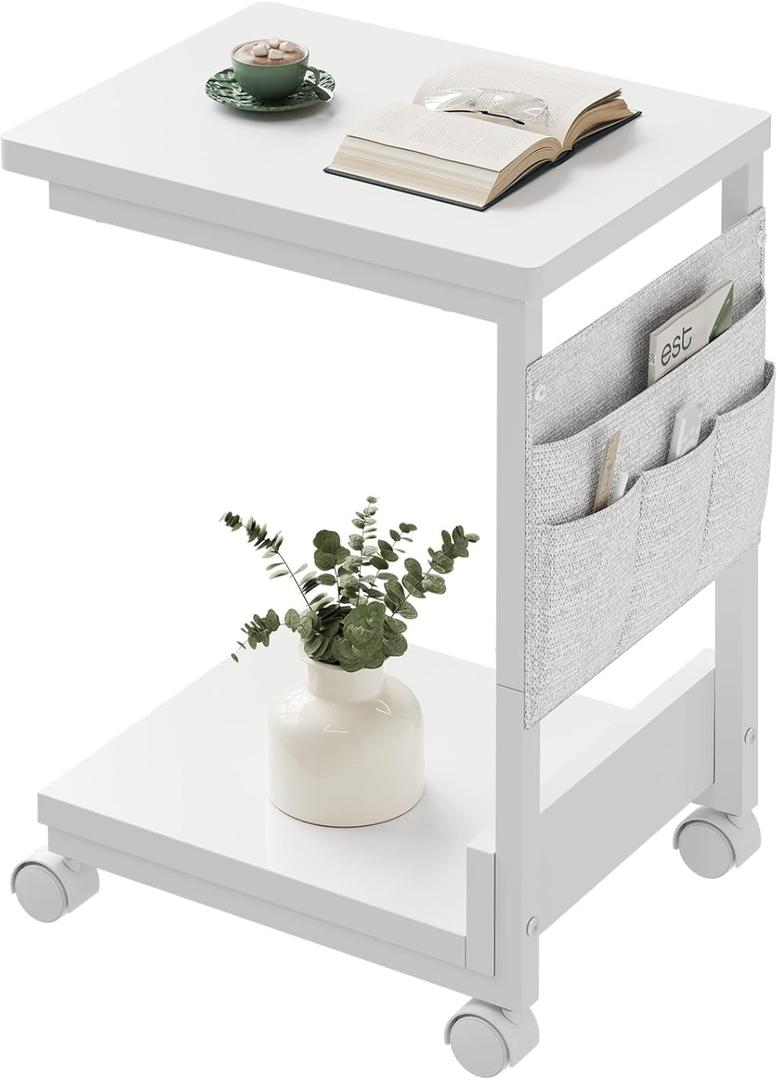 Side Table,C Table with 2-Tier Storage Shelf, End Table with a Storage Bag, Sofa Table with Wheels for Living Room, Bedroom, Office, Bathroom, White
