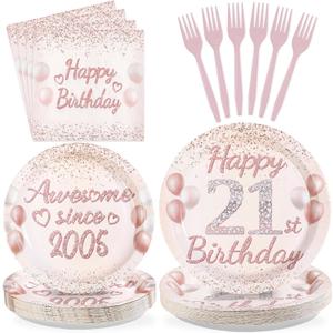96 Pcs 21st Birthday Party Supplies for Women Rose Gold 21 Years Old Paper Plates and Napkins Tableware Set Disposable 21st Birthday Decorations for Ladies Women 21 Years Old Party Serves 24