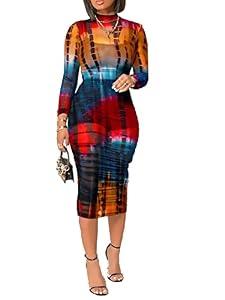 Women Sexy See Through Sheer Mesh Bodycon Midi Dress Long Sleeve Skirt 3 Piece Outfits Set Floral Print Cover Up Multi S