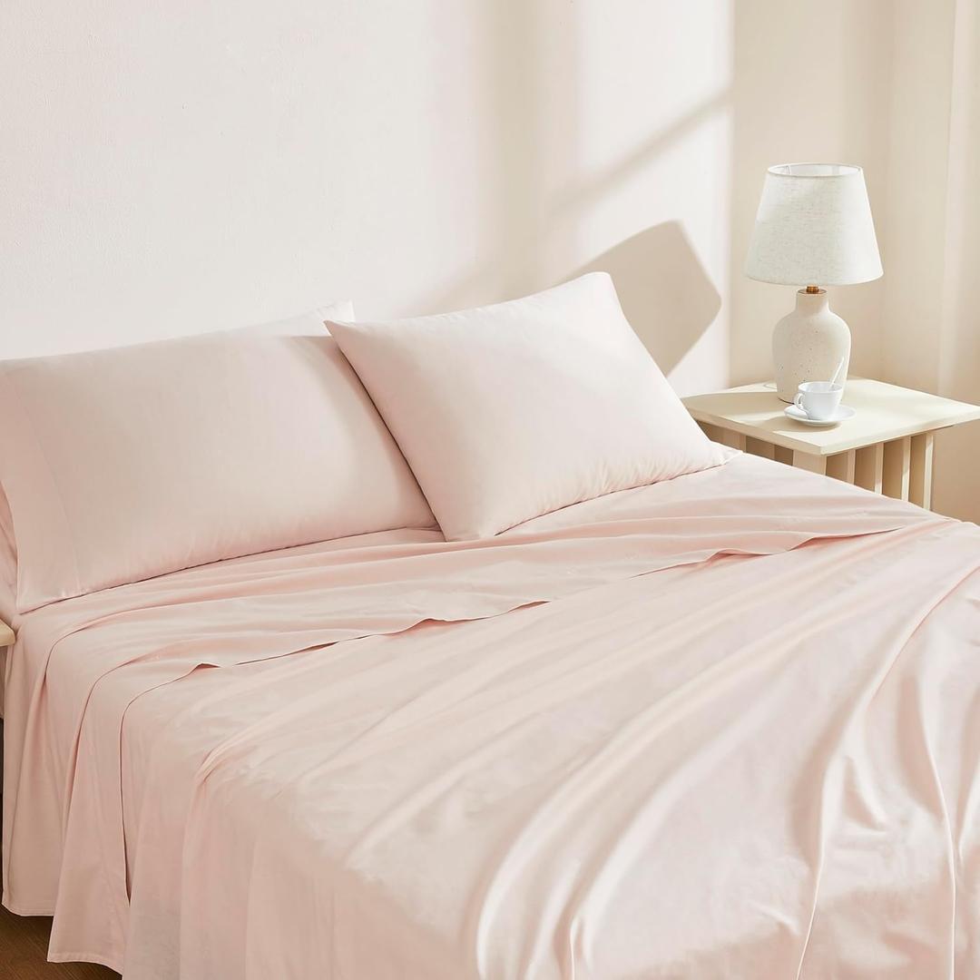 Linen Closet 100% Organic Cotton King Sheet 4 Pcs Set  Crisp Percale, Lightweight & Breathable Light Pink Bed Sheets,Deep Pocket up to 18 Naturally Cooling, Soft, Eco-Friendly,All Season Comfort