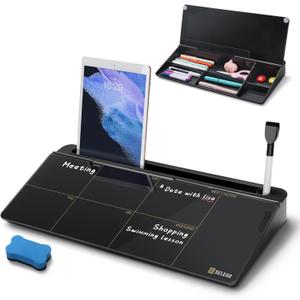 SELEAD Desktop Glass Whiteboard Weekly Planner Calendar with Organizer, Markers, Eraser, Holder - Small Dry Erase White Board TODO List Memo for Home, School, Office Desk Accessories - Black