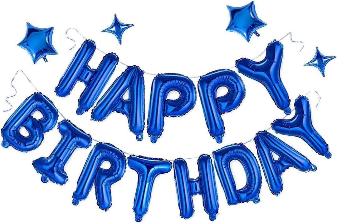 Blue Happy Birthday Banner Balloon Aluminum Foil 16 Inch Letter,10 Inch Five Pointed Star Four Pointed Star Suitable for Kids, Men, Women, Boys and Girls Party Decoration Supplies