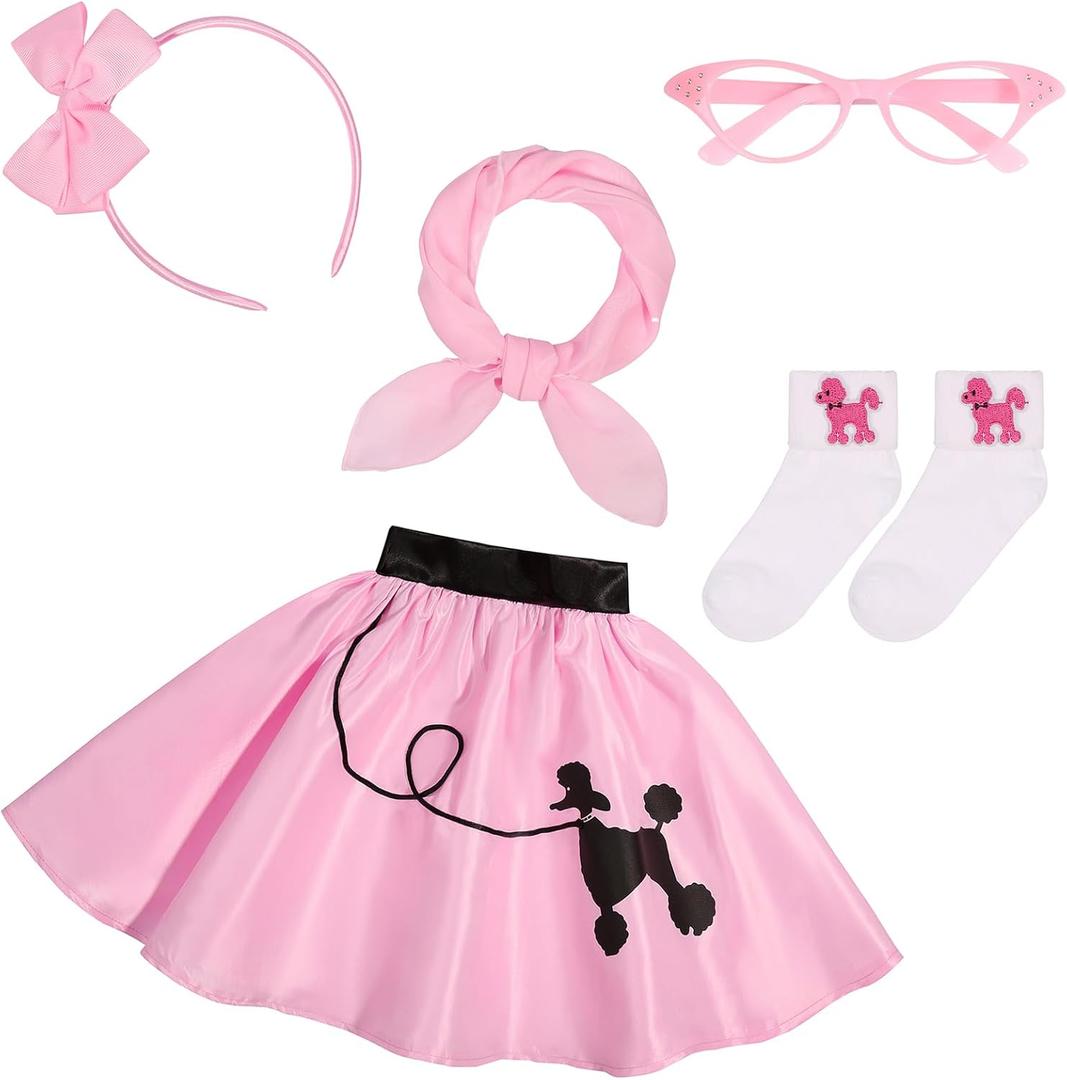 50s Costumes for Girls 1950s Pink Poodle Skirt Set with Eye Glasses Scarf Headband Socks for Kids Halloween Costume (4-6 Years)