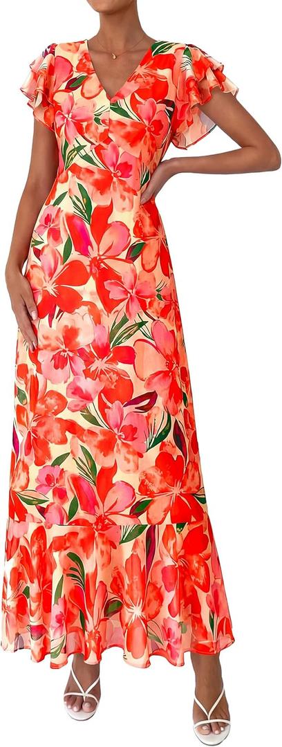 PRETTYGARDEN Spring Dresses for Women 2026 Summer Boho Floral Ruffle Short Sleeve Flowy Beach Wedding Guest Maxi Long Dress Large