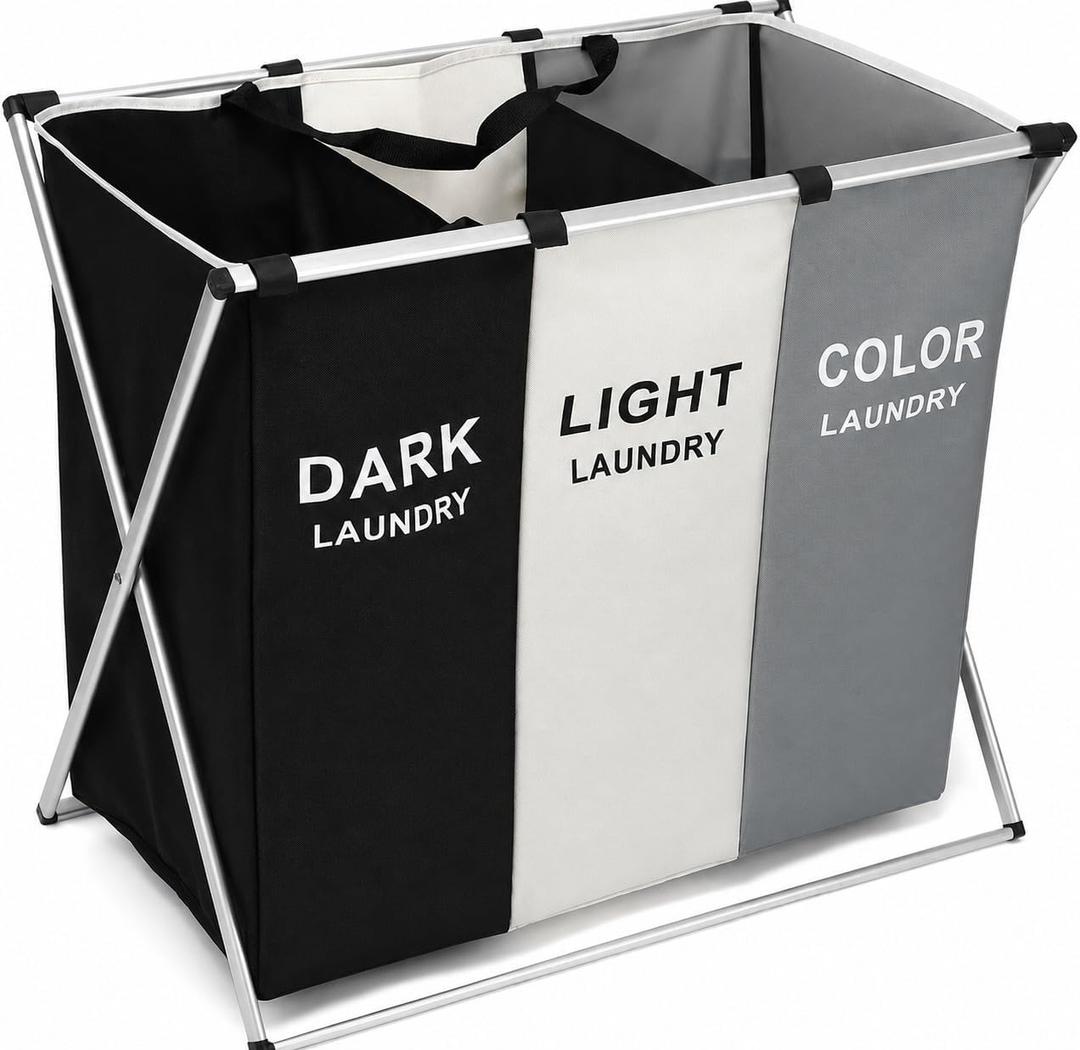 TEEM 3-Section Laundry Basket Organizer, Foldable Hamper with Dividers, 150L Large Capacity, Waterproof 600D Oxford Fabric, Freestanding Lightweight Clothes Sorter Bedroom, Dorm, Bathroom (24x15x26in), 25.6" x 15" x 23.6"