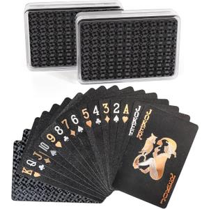 LotFancy Plastic Playing Cards, 2 Decks of Cards with Plastic Cases, Waterproof, Black Poker Cards for Magic Tricks Pool Beach Card Games, Cool Gadgets Gift for Men Adults