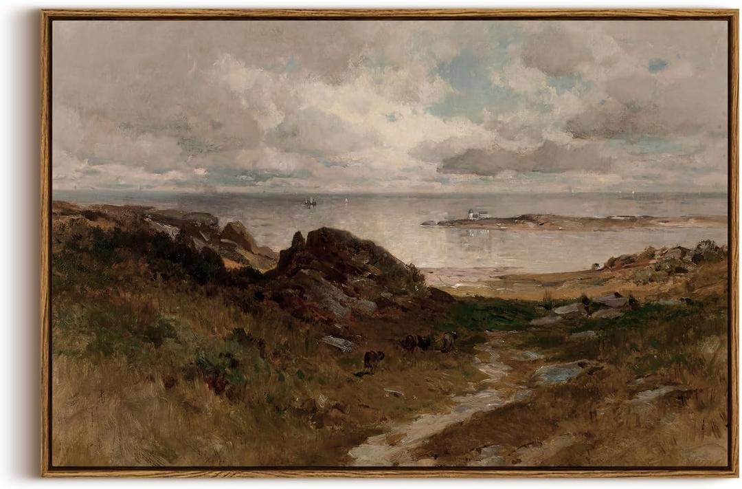 InSimSea Framed Canvas Wall Art Vintage Decor, Seaside Path Wilderness Landscape Paintings Artwork, Large Prints, Vintage Hanging Wall Decorations for Living Room Bedroom Bathroom, 20"x30" (Massachusetts Coast)
