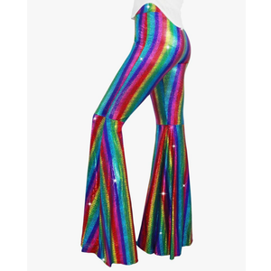 Women's Sequin Flare Pant Sparkly High Waisted Leg Bell Bottom Glitter Trousers Night Out Clubwear, XL