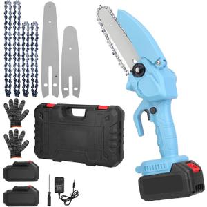 Mini Chainsaw,6inch & 4inch Portable Cordless Electric Chainsaw with 2 Batteries,2 Chains, 2PCS 21V 2000mAh Batteries,Handheld Chain saw for Tree Trimming Branch Wood Cutting (Blue)