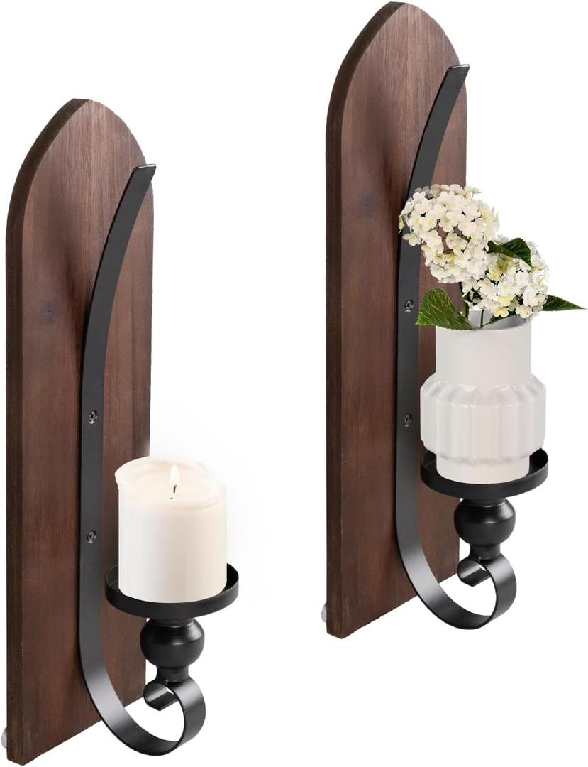 Wall Candle Sconces Set of Two, Brown Wall Mounted Metal and Wooden Wall Candle Holders, Farmhouse Candle Sconces for Bedroom, Fireplace