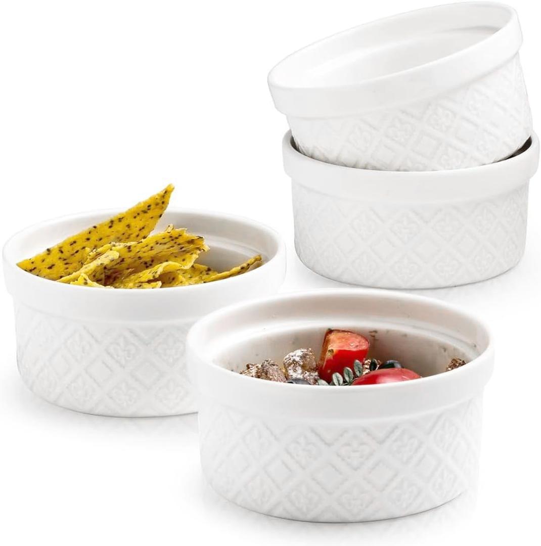 Ramekins 12 oz, Ramekin for Creme Brulee, Souffle, Dipping Sauce, Ceramic Embossment Housewarming Gift - 4.5 inch, Set of 4, Arctic White