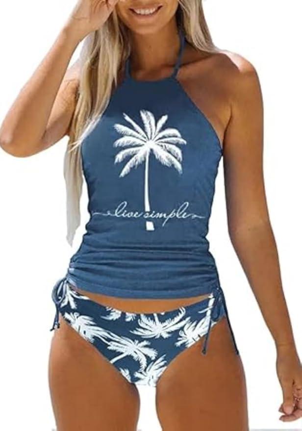 Women's Funny Graphic Drawstring Halter Two Piece Tankini Set Summer Swimwear Beach Vacation Swimsuits