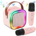 Mini Karaoke Machine, Portable Bluetooth Karaoke Speaker with 2 Wireless Microphones and Light for Family Home Party,Toys for Girls Boys Friends Age 3-12+ Kids and Adults Birthday Gifts.(Pink)