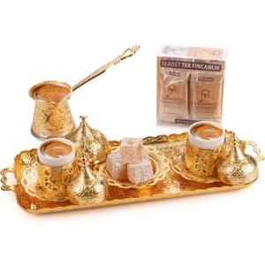 Alisveristime Premium Turkish Coffee Set - 12-Person Turkish Coffee, Cezve, 2-Person Cups, Delight Bowl, and Tray (Gold)