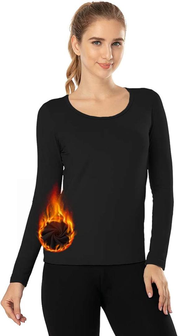 MANCYFIT Thermal Tops for Women Fleece Lined Shirt Long Sleeve Base Layer V Neck (Small, Scoop Neck-black)