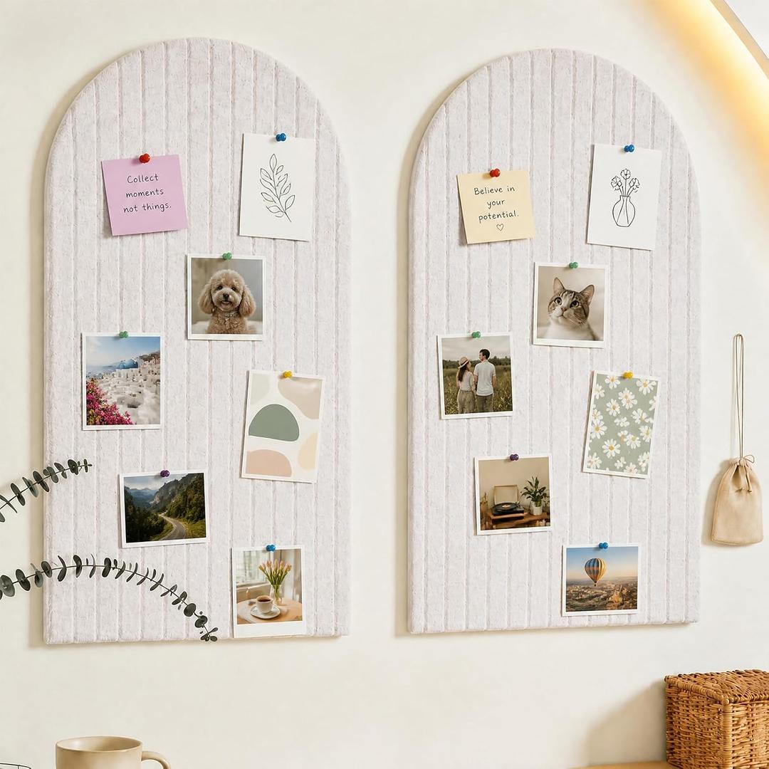 2Pack Arched Felt Bulletin Board 12 Pcs with Push Pins (Beige, 35" x 24") | 2Pack Bulletin Board, 12 Pcs Self-Adhesive Tiles, Arch Pin Cork Board, Includes 40 Pushpins