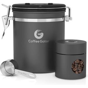 Coffee Gator Coffee Canister Airtight, 16oz Stainless Steel and 4oz Borosilicate Glass Travel Kitchen Food Storage Container with Date Tracker, Scoop for Beans, Ground, Sugar, Tea, Cookies Jars