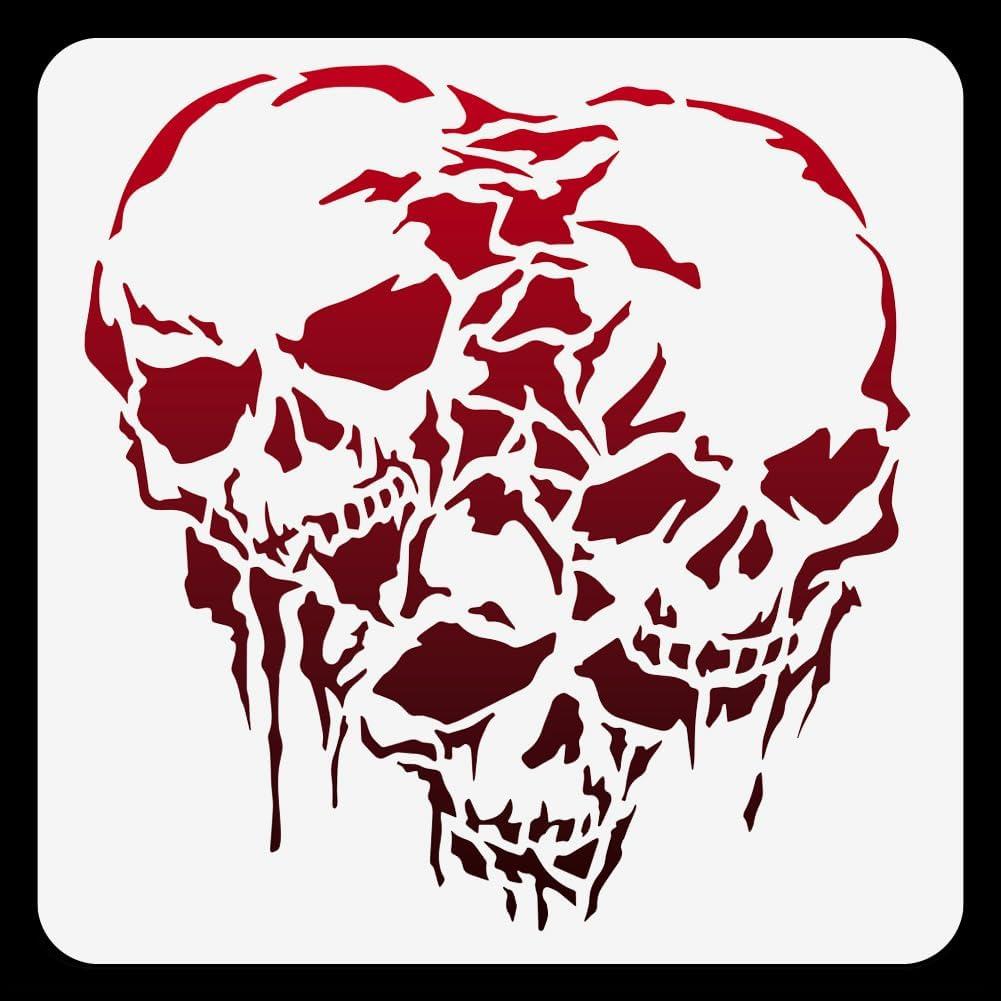 Triple Struggling Skulls Journal Stencil for Painting, 11.8"x11.8" Skulls Plastic Reusable Stencil for Halloween, Paint Template DIY Craft Art Stencils on Wall Wood Burning Fabric Canvas