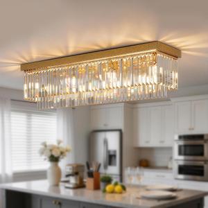 KINGTORO 40" Gold Crystal Flush Mount Rectangular Chandelier, 8-Light