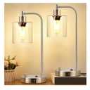 Set of 2 Industrial Table Lamps with USB C+A Ports and Outlet, Brushed Nickle Fully Stepless Dimmable Bedside Lamps, Nightstand Lamp with Clear Glass Shade for Bedroom Living Room 2 LED Bulb Included