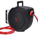 Air Hose Reel Retractable 50ft - Air Compressor Hose Reel 3/8in Hybrid Polymer Hose | 5IN Lead in with Brass Fittings | Ceiling/Wall 180° Swivel Mount Heavy Duty for Garage Workshop | Max 300 PSI, Red