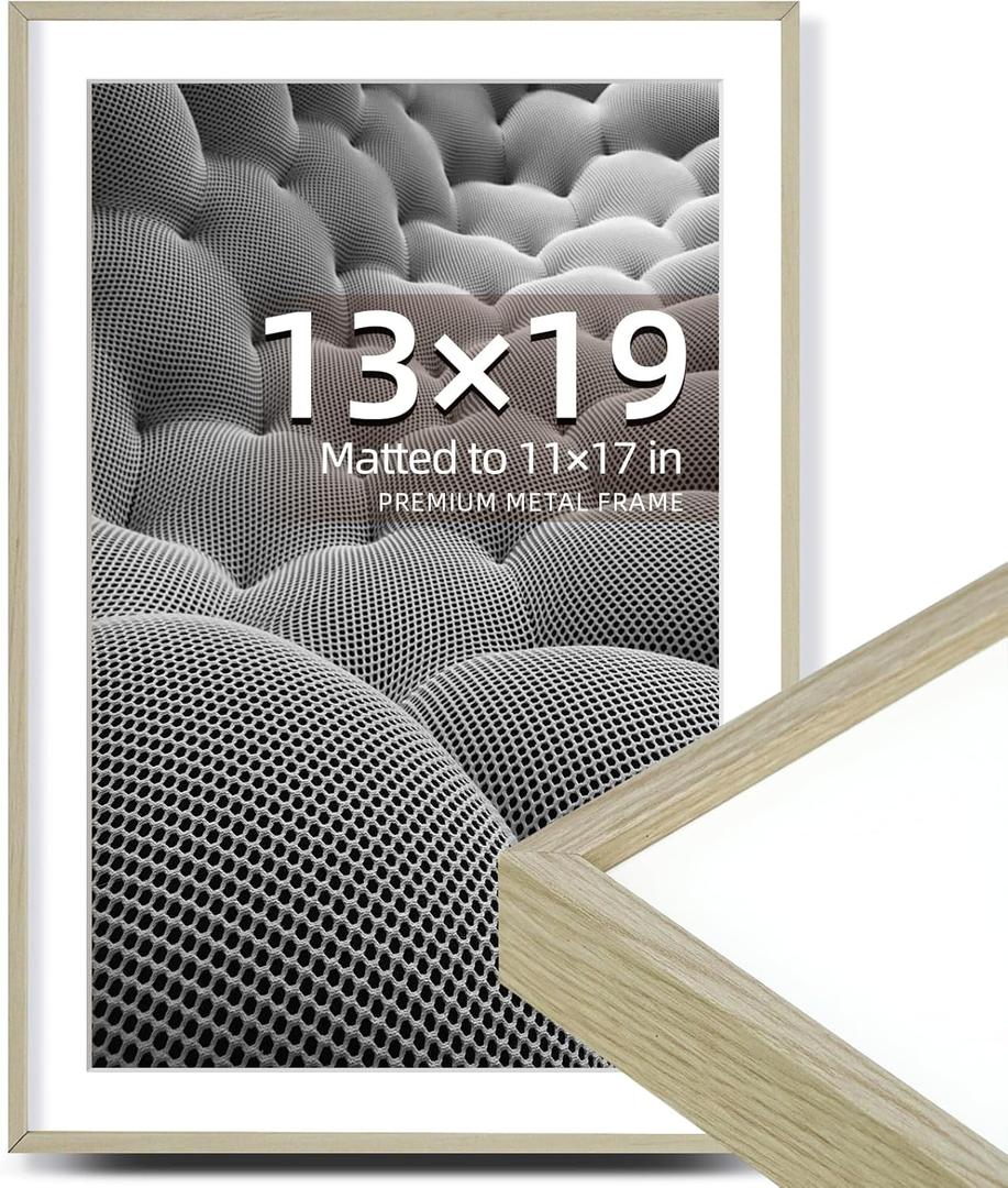 OUZUGIE 13X19 Picture Frame,Display Poster 11X17 With Mat or 13X19 Without Mat,Oak Aluminum Poster Frames with Premium Acrylic,Photo Frames with Strong Corner Design for Gallery Wall and Tabletop (13X19, Oak)