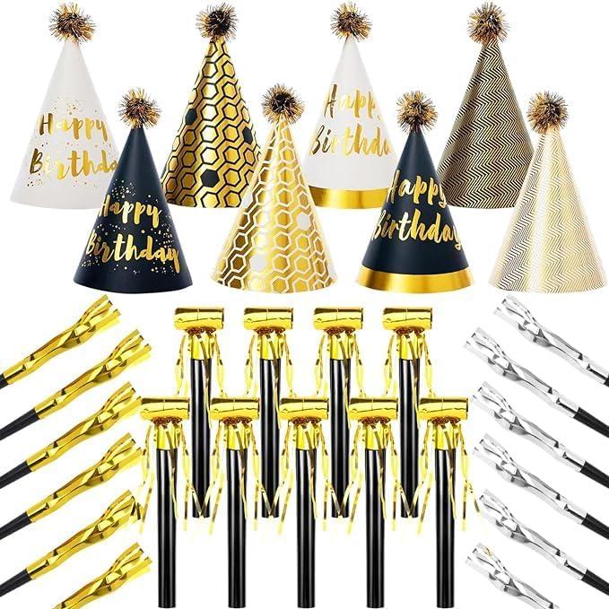 30 Pcs Birthday Party Hats - Gold Cone Hats Including 12 Paper Hats and 22 Noise Makers