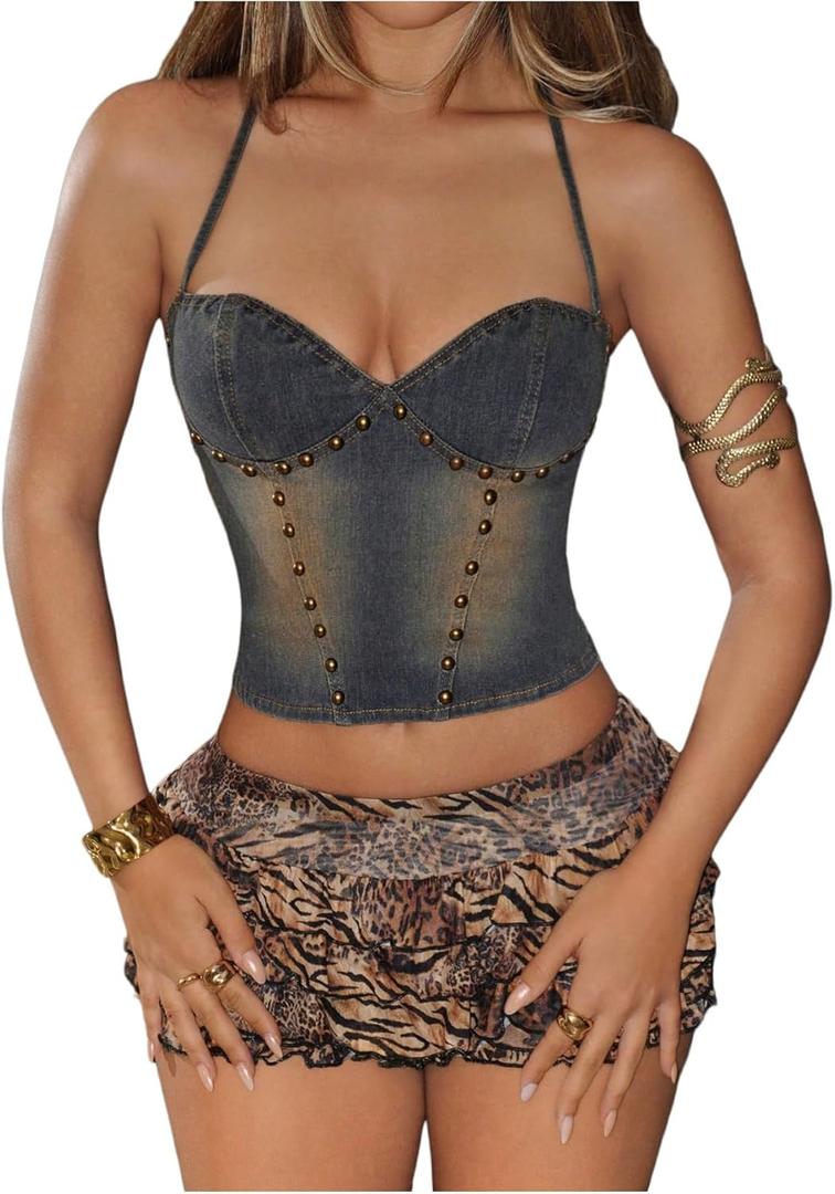 SHENHE Women's Sexy Criss Cross Backless Denim Crop Top Rivet Studded Low Cut Y2k Jean Top Dark Blue Small