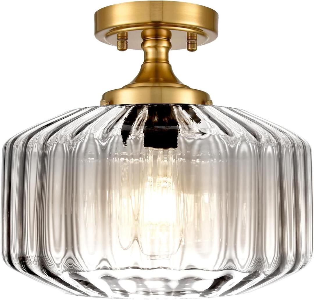 Semi Flush Mount Ceiling Light with 11.02" Clear Seeded Glass Shade, E26 Base Gold Mid Century Chandelier Farmhouse Light Fixture for Hallway Bathroom Entryway