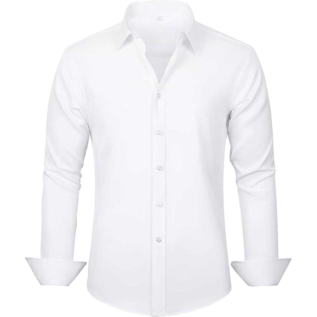Shtexus Men's Long Sleeve Dress Shirt Button Down Wrinkle Free White (White, S)