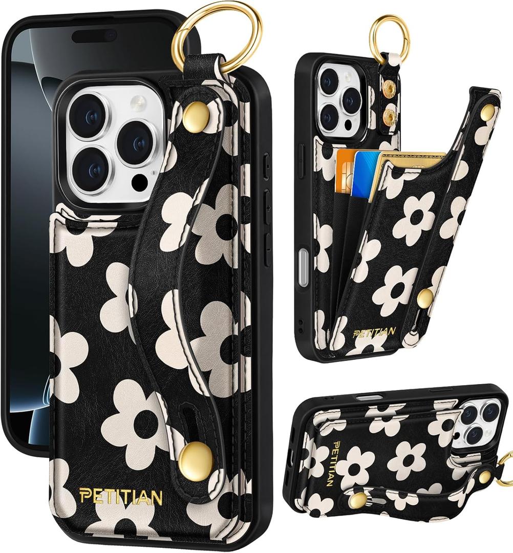 Petitian for iPhone 16 Pro Max Wallet Case - Women Girls Cute Girly Aesthetic Unique Design Leather Credit Card Holder Phone Cover Stand Wristband for iPhone 16 Pro Max, White Flowers