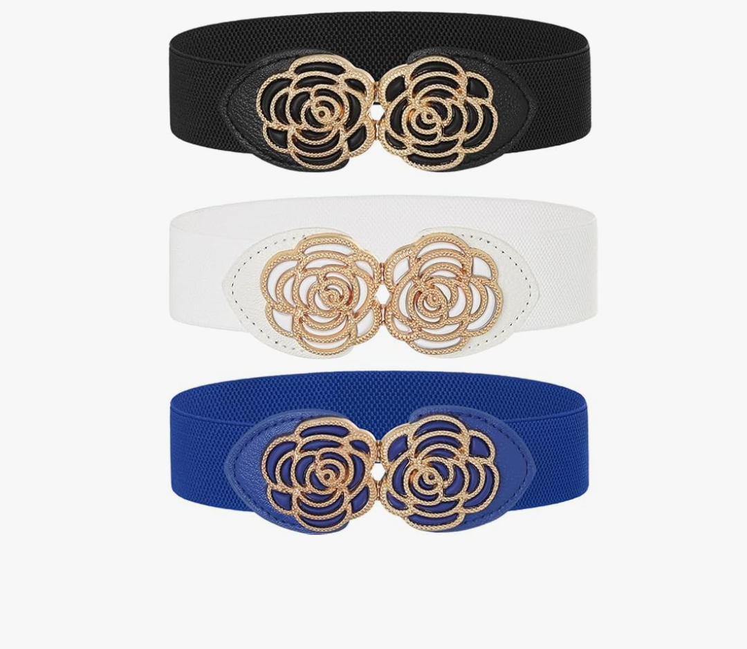 3Pcs Stretch Belt Black Vintage Flower Belt Women Fancy 1.5 Inch Elastic Belts Girls Waist Accessories for Dress