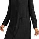 LYANER Women's Collar V Neck Long Sleeve Ribbed Knit Button Down Sleep Nightgown with Pockets (Black)