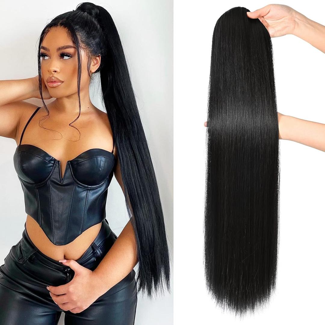 SEIKEA Ponytail Extensions Drawstring Long Straight Fake Pony Tail Natural Soft Clip in Hair Extension Synthetic Heat Resistant Hairpiece 32 Inch 165 Gram Black