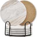 6Pcs Drink Coasters with Holder, Marble Style Ceramic Drink Coaster, Absorbent Coasters Set Suitable for Kinds of Cups, Modern Style Coasters for Coffee Table, 4 Inches