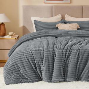 BEDELITE Fleece Queen Comforter Set -Super Soft & Warm Fluffy Grey Bedding, Luxury Fuzzy Heavy Bed Set for Winter with 2 Pillow Cases
