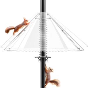 Squirrel Baffle for Bird Feeder Pole - Dynamic Steel Spring-Loaded Wobble Defense, 0.32" Thick Anti-Chew Polycarbonate Guard, Fits 0.4"-1" Round Poles Only, 19 Inch, Metal Buckle, Clear